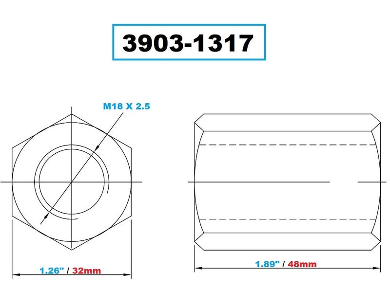 VERTEX 3903-1317 M18 X 2.5 48mm Long Coupling Nut - Image 3